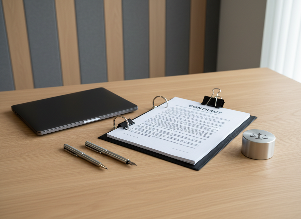 A meticulously organized attorney’s desktop featuring a closed matte-black laptop, a thick printed contract neatly clipped in a black metal binder, and a matching pair of slim, silver fountain pens resting diagonally across the document. Beside them lies a heavy, brushed-metal paperweight engraved with subtle scales of justice. The desk surface is smooth, light oak with a satin finish, set against a soft-focus backdrop of vertical acoustic panels in warm gray tones. Cool, even overhead office lighting combines with a touch of natural window light from the right, creating clean, precise shadows and a sense of order. Shot from a slightly elevated angle, the composition highlights structure and clarity, with photographic realism and a minimal, corporate mood that suggests careful contract and commercial law practice.