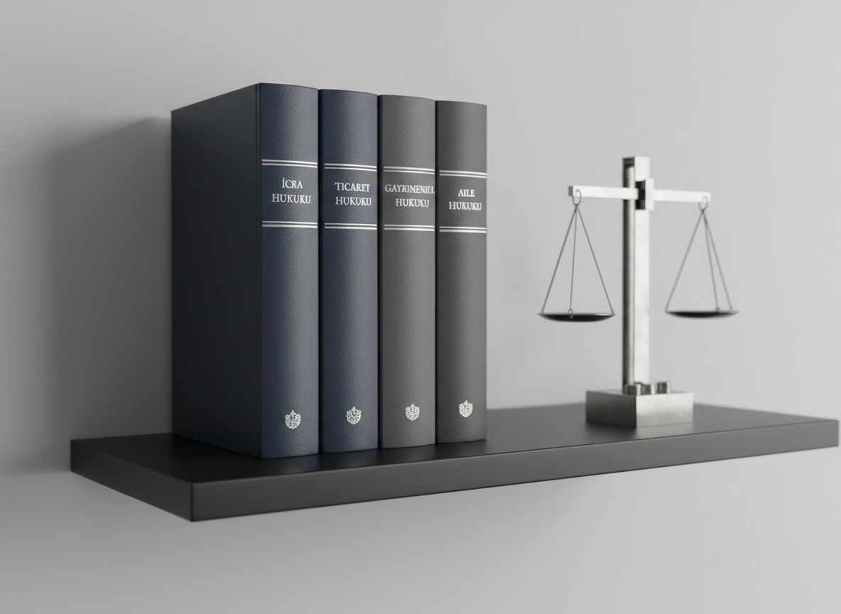 A close-up of an elegant set of legal books on a floating matte-black shelf against a smooth light-gray wall, featuring volumes labeled İcra Hukuku, Ticaret Hukuku, Gayrimenkul Hukuku, and Aile Hukuku in understated silver lettering on deep navy and graphite spines. A single metal scale of justice sculpture in brushed steel stands at the edge of the shelf, its precise geometric form catching the light. Soft, diffused studio lighting from the left creates controlled highlights and crisp, minimal shadows, emphasizing texture without clutter. Captured with a shallow depth of field and rule-of-thirds composition, the foreground titles are razor sharp while the background gently blurs. The atmosphere is disciplined, structured, and professional, reflecting a modern, photographic, corporate style.
